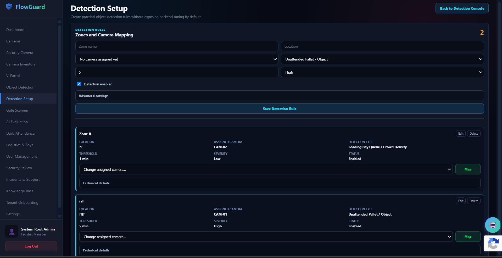 FlowGuard detection setup interface for configuring monitoring zones and detection rules