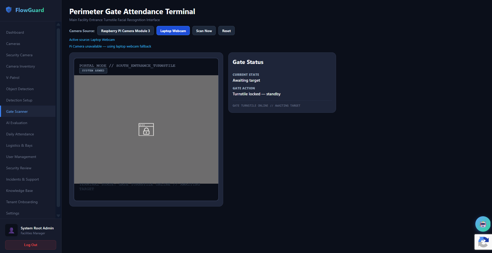 FlowGuard perimeter gate attendance terminal with facial recognition camera source controls