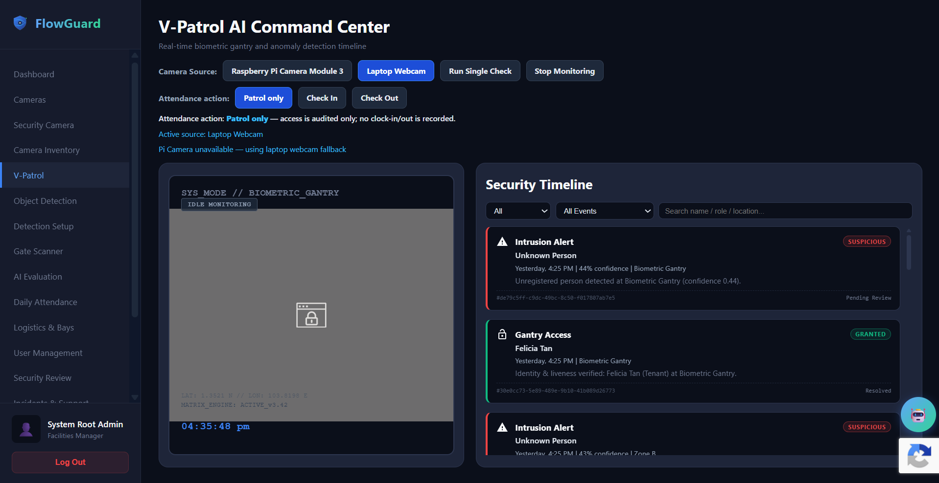 FlowGuard V-Patrol AI Command Center showing biometric access events and security timeline