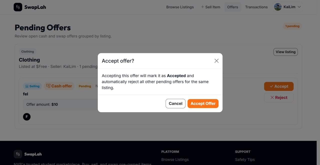 SwapLah confirmation screen for accepting a selected buyer offer