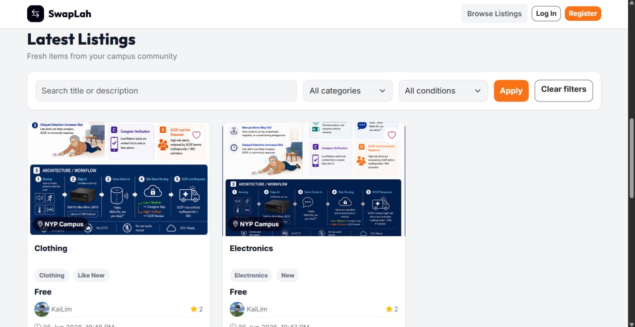 SwapLah listings page with campus marketplace search and category filters