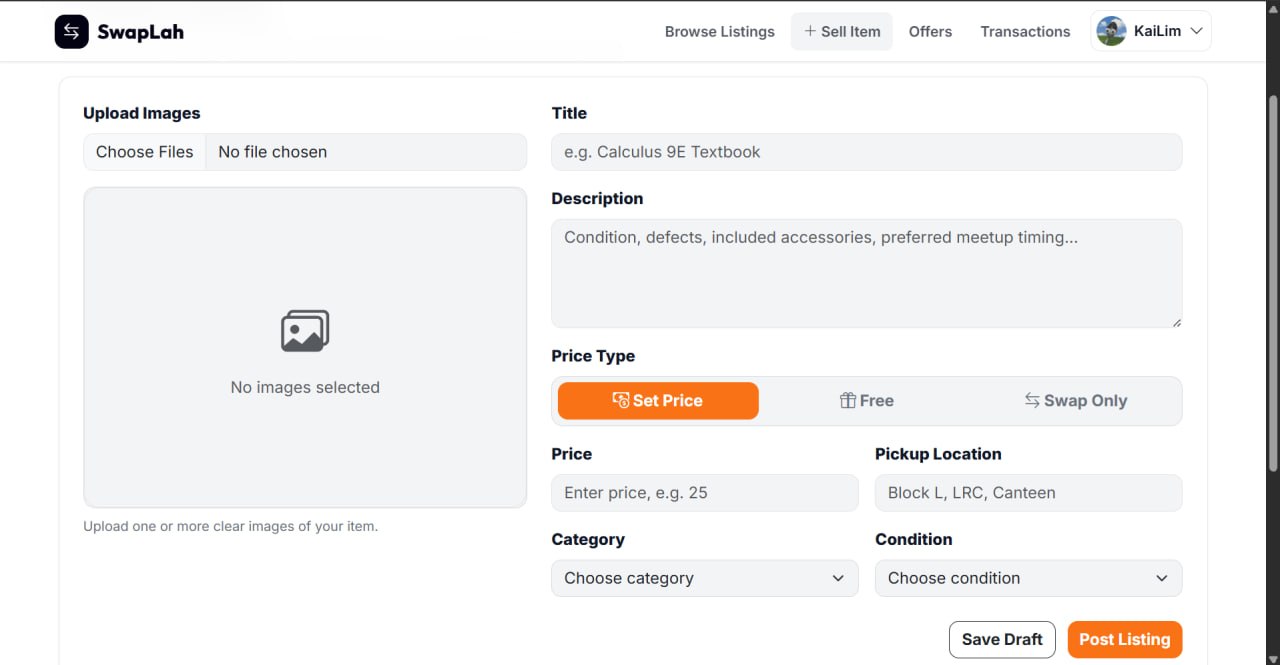 SwapLah form for creating a marketplace listing with item details