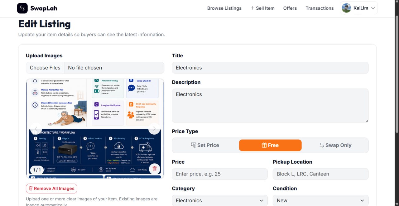 SwapLah seller form for editing an existing marketplace listing