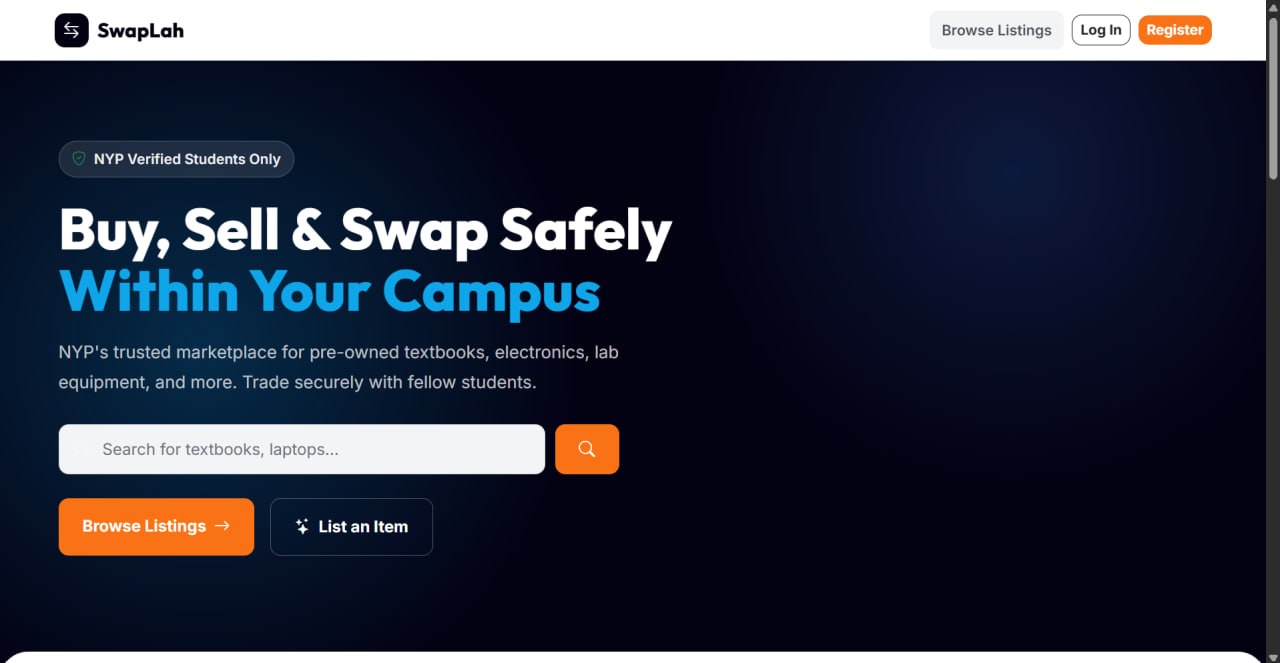SwapLah landing page introducing the NYP campus marketplace