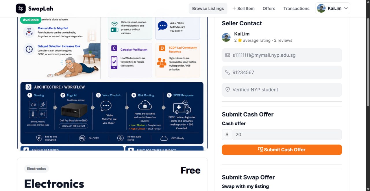 SwapLah listing details page with a form for submitting a buyer offer
