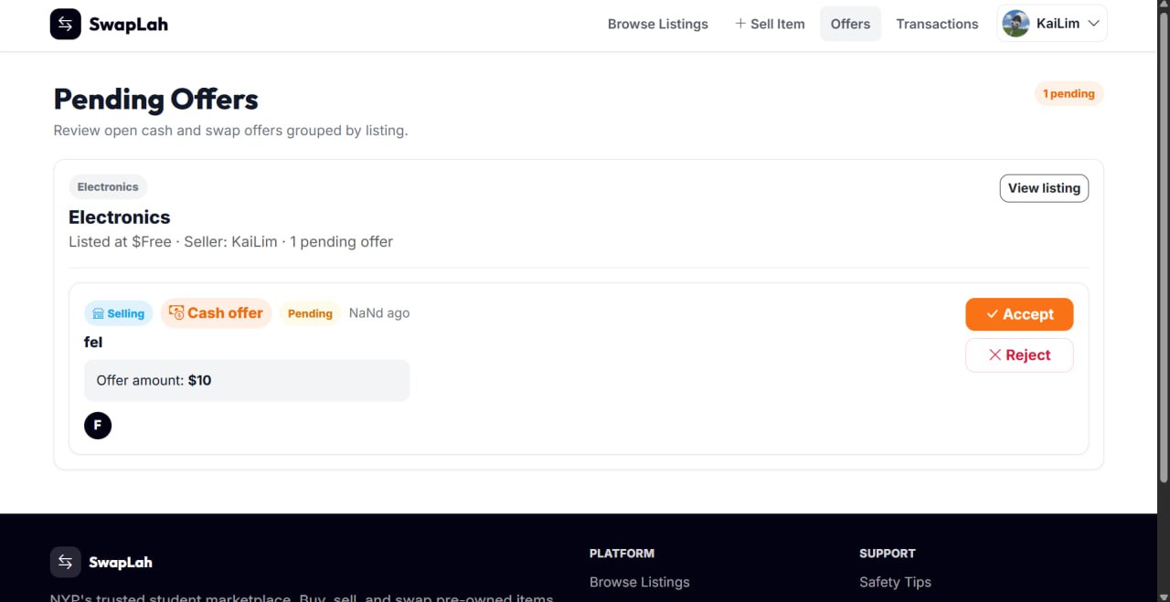 SwapLah seller view for reviewing and managing received offers