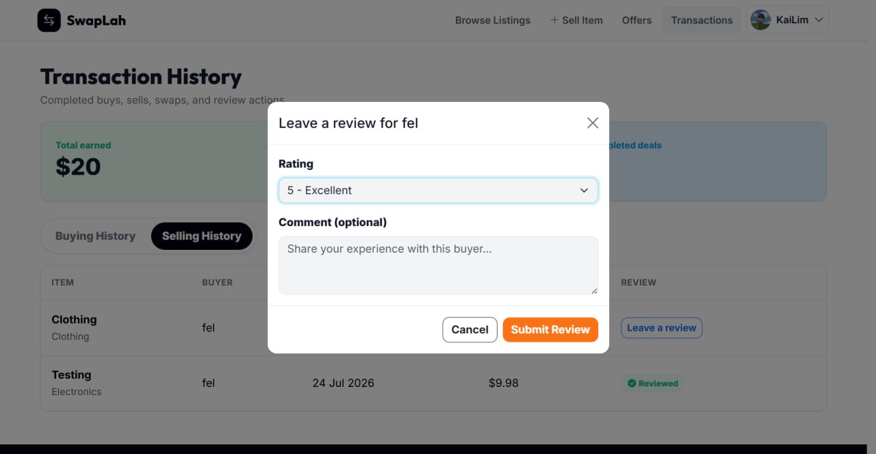 SwapLah review form for rating a completed marketplace transaction