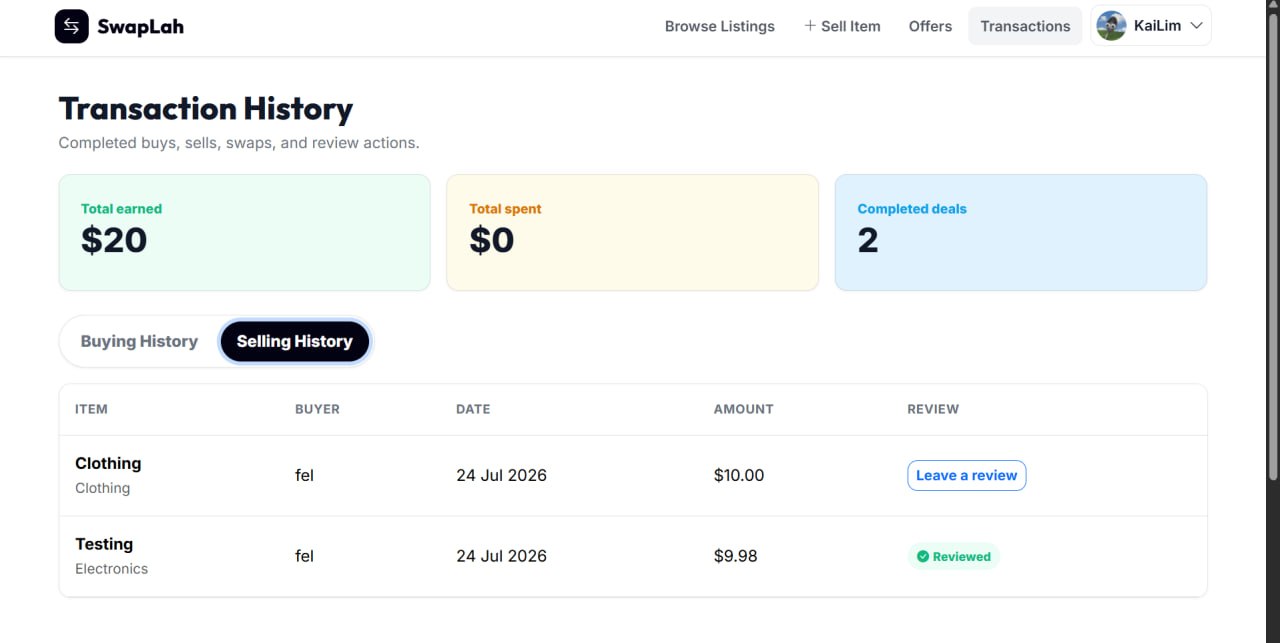 SwapLah transaction history showing completed buying and selling activity